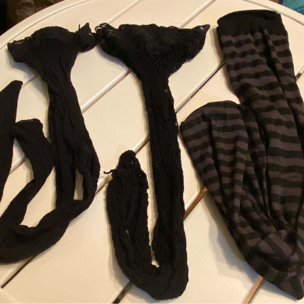 Black and Grey Striped Stockings and Two Fishnet Stockings Bundle